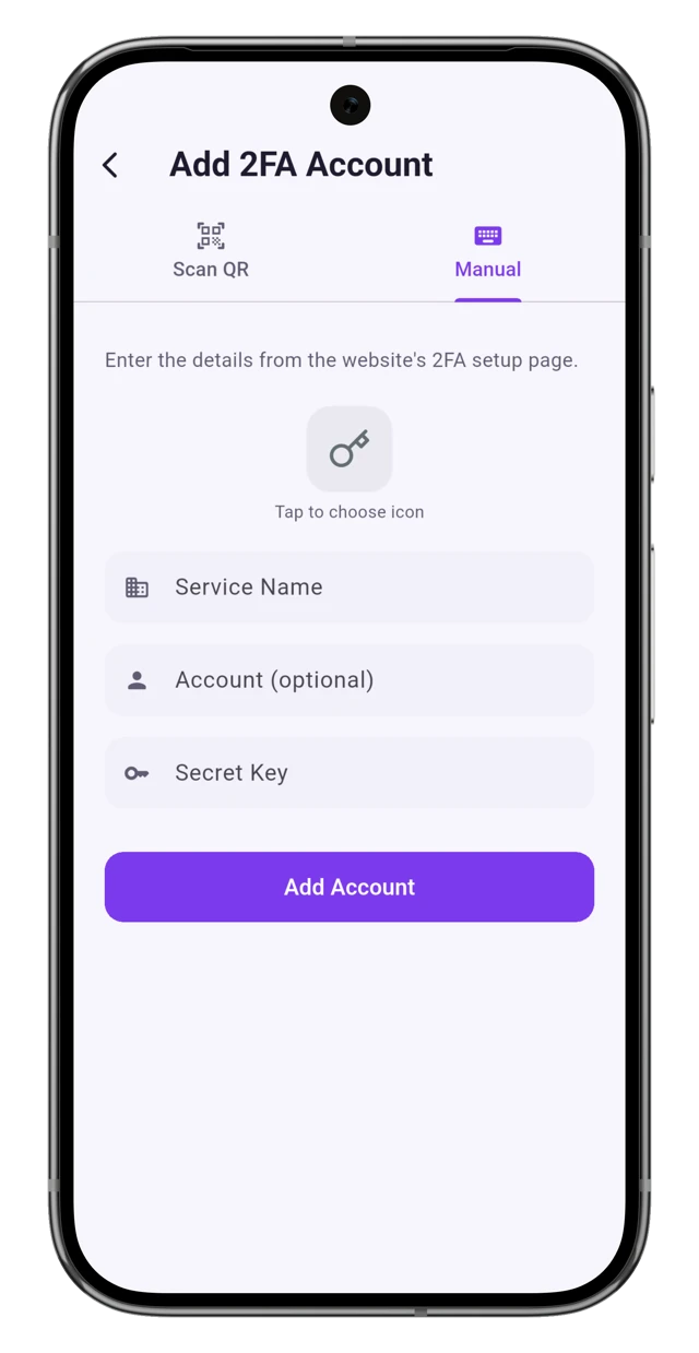OneVault Add 2FA Account screen with Scan QR and Manual tabs, showing Service Name, Account and Secret Key fields