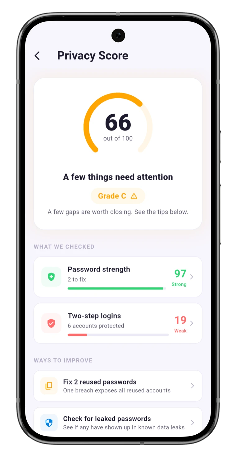 OneVault privacy score: a safety grade with weak, reused and leaked-password warnings