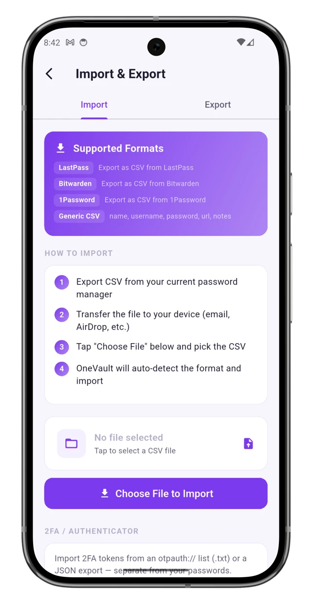 OneVault Import screen listing supported formats (LastPass, Bitwarden, 1Password, Generic CSV) and a Choose File to Import button