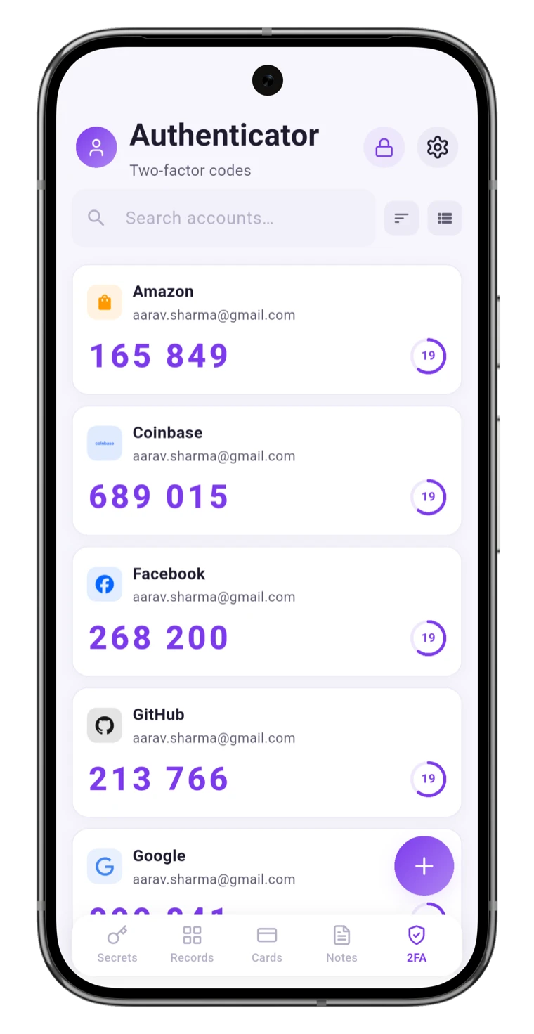 OneVault built-in authenticator showing live 2FA codes with countdown timers