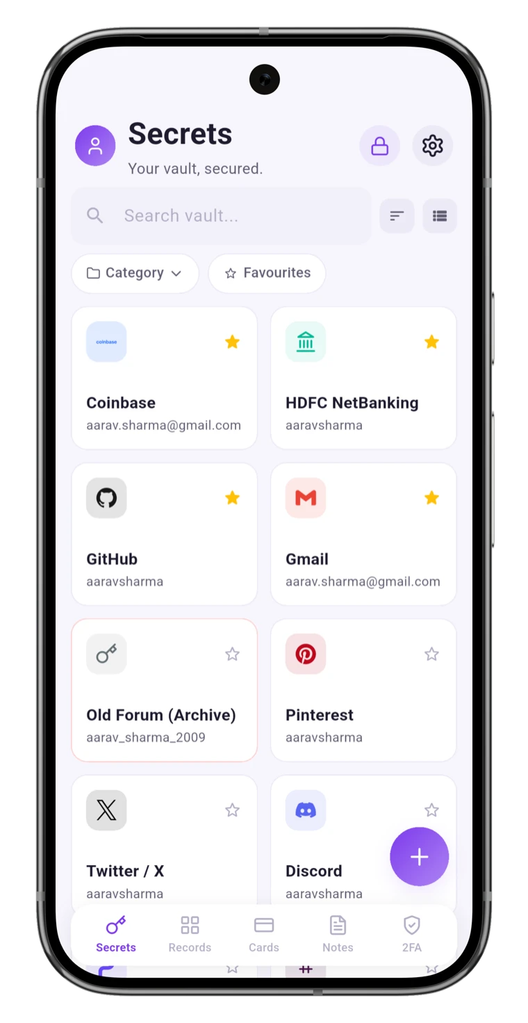 OneVault vault: passwords stored and organised on your phone