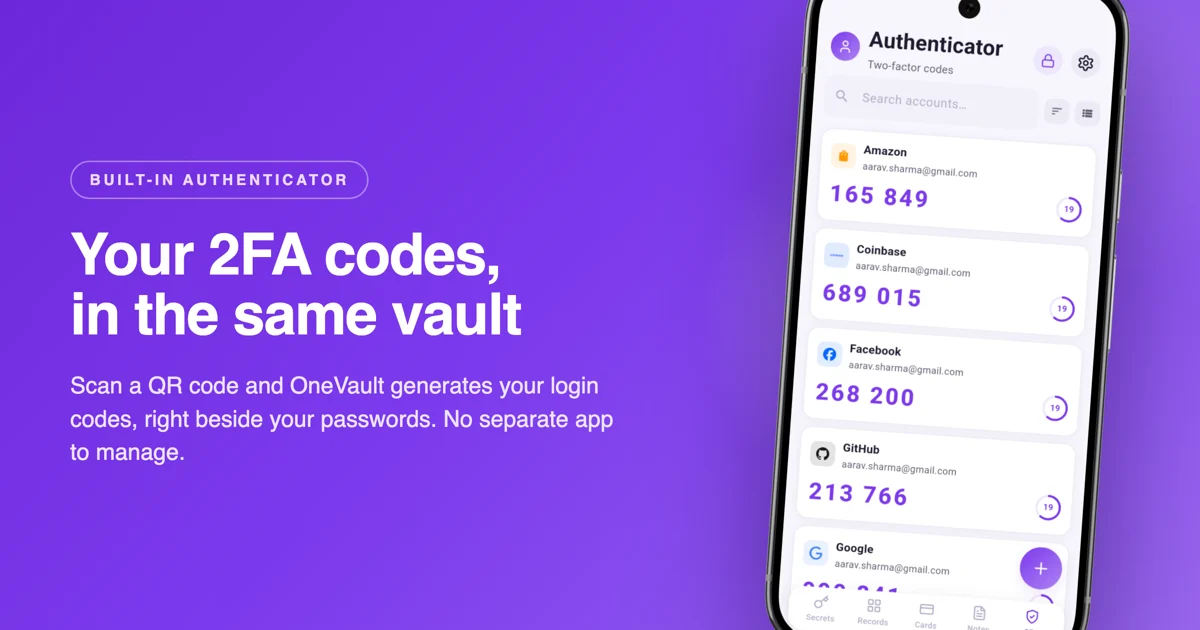OneVault's built-in authenticator generating live 2FA codes next to your passwords