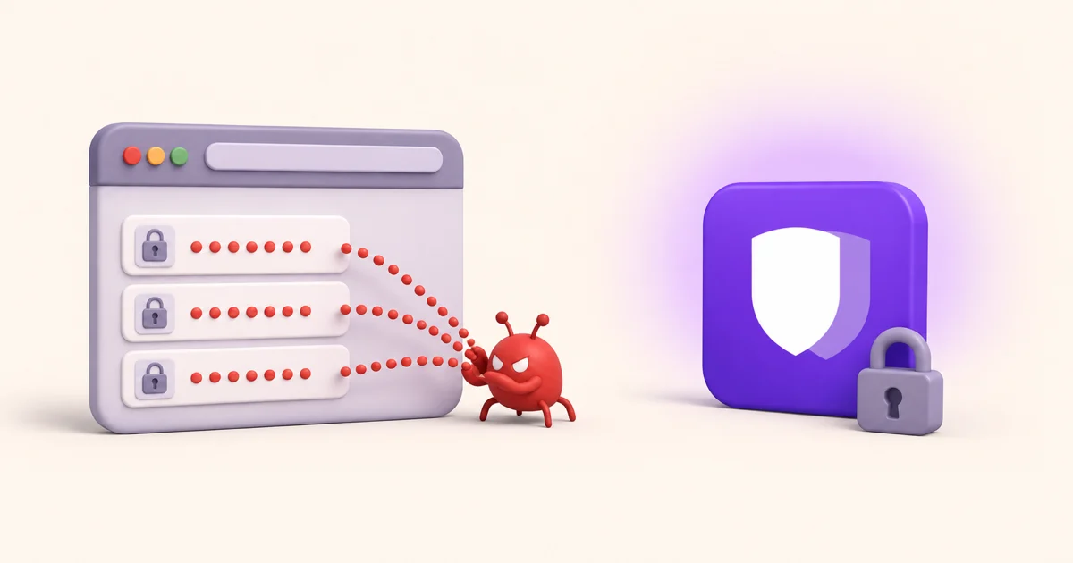 Malware siphoning saved passwords out of a browser window while a locked OneVault shield vault stays protected