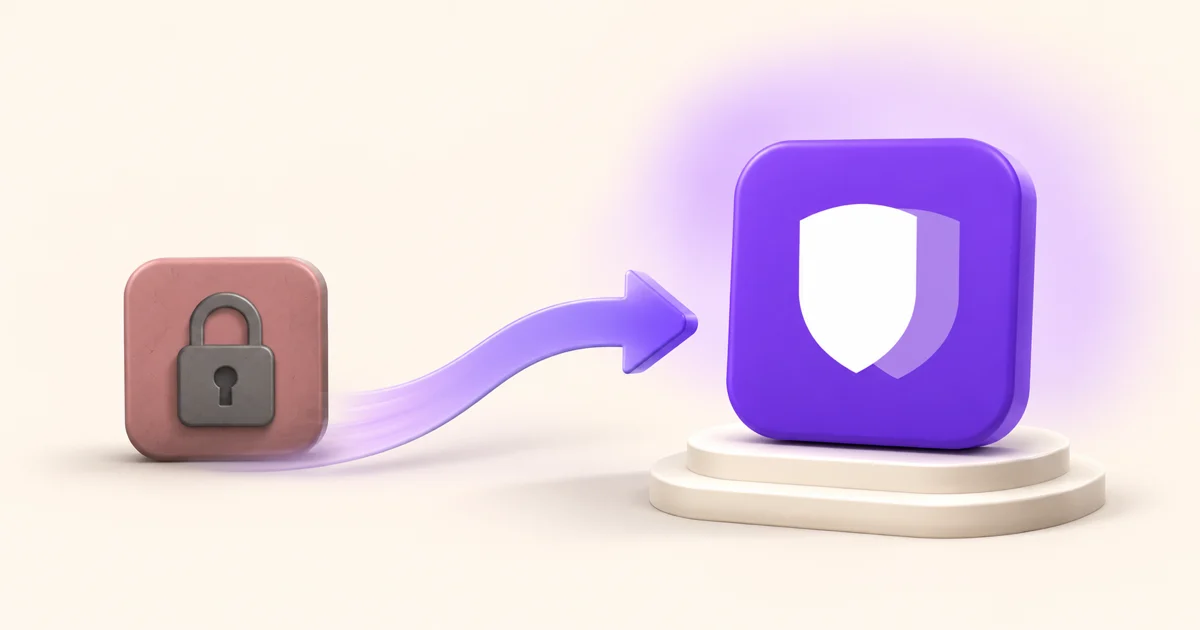 Switching from an old locked password app to OneVault, shown as a violet shield app tile on a podium