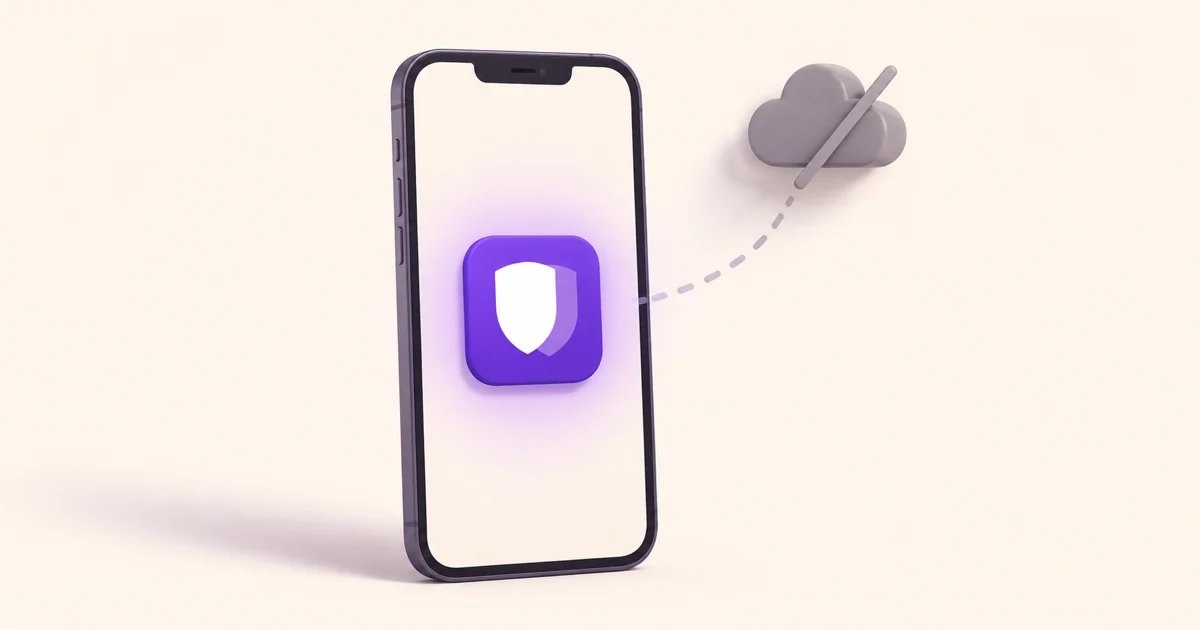 A smartphone showing the OneVault shield app while a disconnected cloud drifts away, illustrating an offline password manager that works without internet