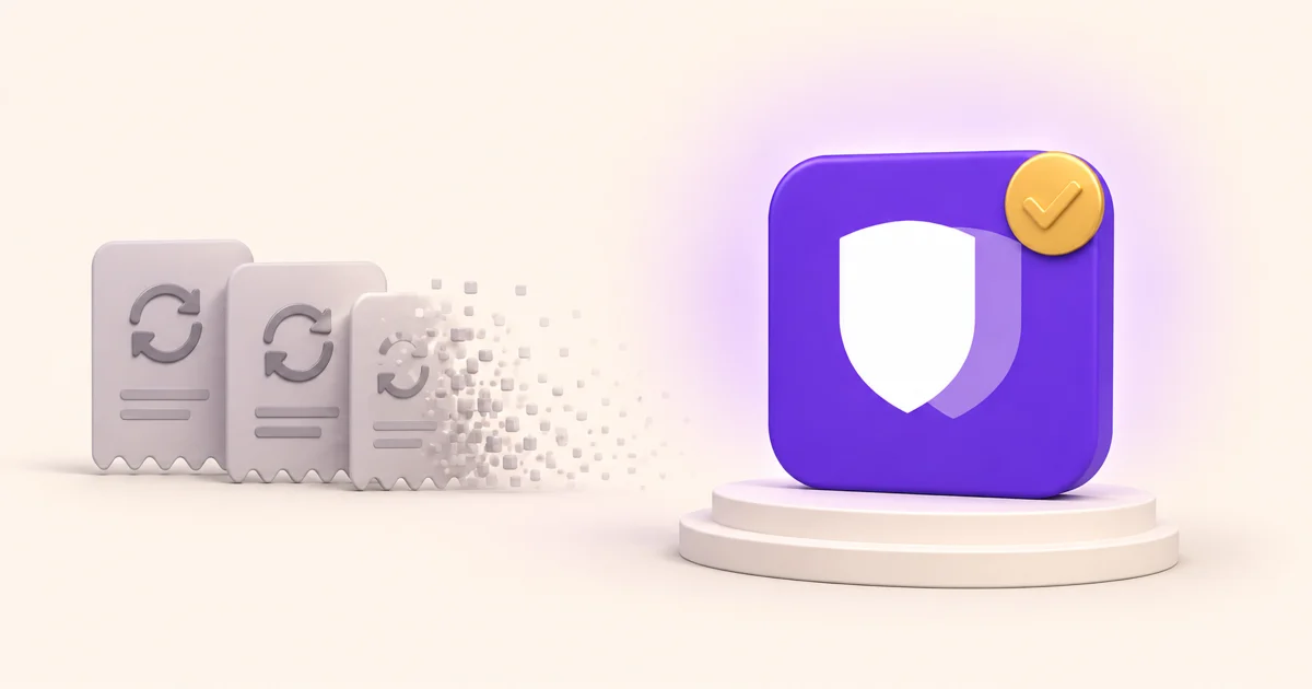 Recurring subscription receipts dissolving away while the OneVault shield stands on a podium with a paid-once checkmark