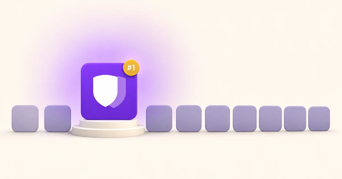 OneVault ranked the number one password manager of 2026, shown as a violet shield app tile on a podium ahead of nine other apps