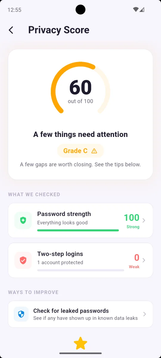 OneVault privacy score showing password strength and two-step logins