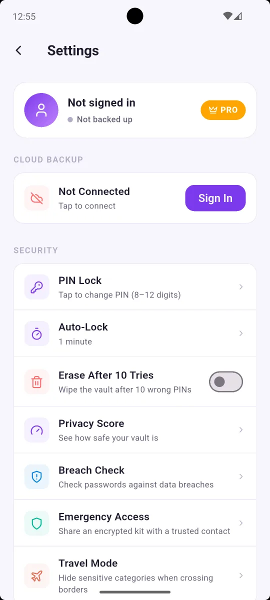 OneVault security settings: PIN lock, auto-lock and erase after 10 tries