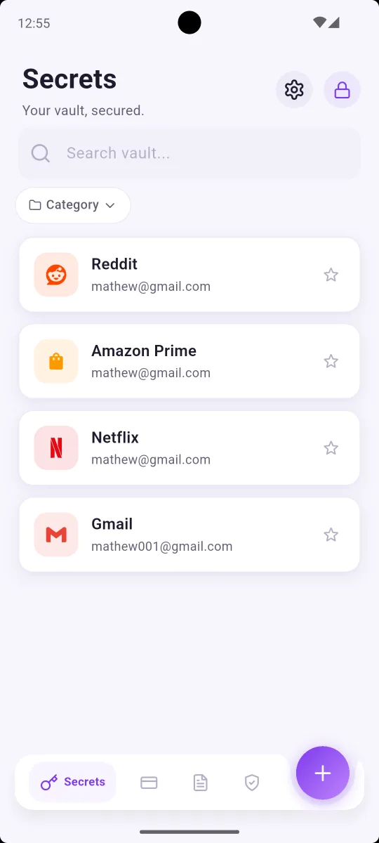 OneVault vault list with saved logins